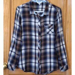ODDY Anthropologie Shirt Women's Large Plaid Flannel Elbow Patch Classic Preppy